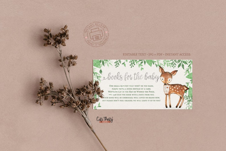 May include: A green and white baby shower invitation with a cute deer illustration. The text reads "books for the baby" and includes a request for guests to bring a book instead of a card.
