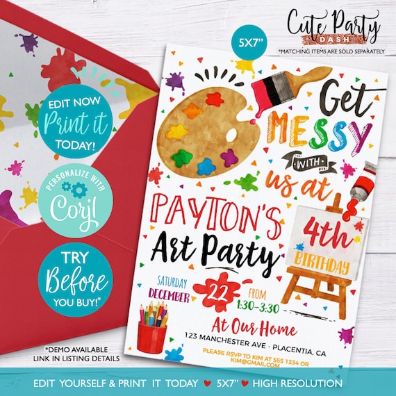 INSTANT DOWNLOAD EDITABLE Art party Birthday invitation Etsy