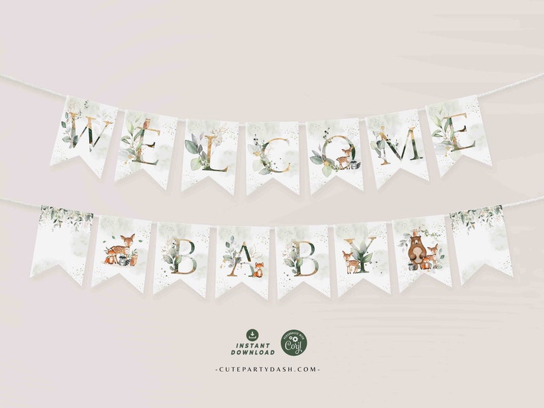 Woodland Greenery Baby Shower Wall Banner Printable INSTANT DOWNLOAD Green & Gold Editable bunting Pennant Flags decor Forest animals 418