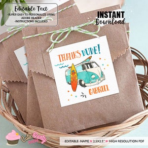 May include: Brown paper favor bags with a square tag that says "THANKS DUDE!" featuring a teal and white van, surfboard, and the name "GABRIEL". The bags are tied with green and white twine and are in a woven basket.