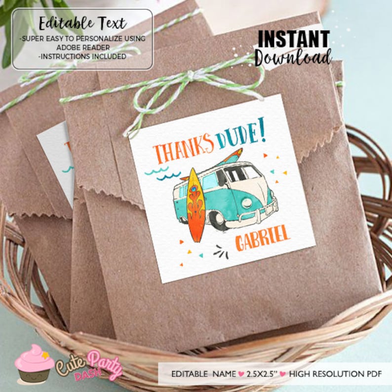May include: Brown paper favor bags with a square tag that says "THANKS DUDE!" featuring a teal and white van, surfboard, and the name "GABRIEL". The bags are tied with green and white twine and are in a woven basket.