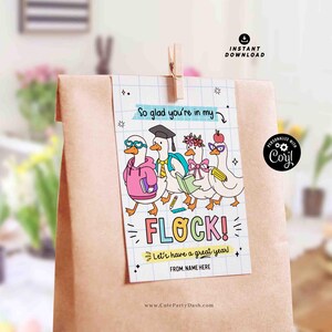 May include: A brown paper gift bag with a decorative tag featuring cartoon geese. The tag reads "So glad you're in my FLOCK!" and "Let's have a great year!" with space for a name. The geese wear glasses, a graduation cap, and carry books.