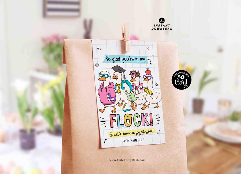 May include: A brown paper gift bag with a decorative tag featuring cartoon geese. The tag reads "So glad you're in my FLOCK!" and "Let's have a great year!" with space for a name. The geese wear glasses, a graduation cap, and carry books.