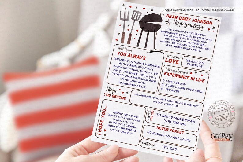 May include: A printable 5x7 card with a black and white illustration of a grill and grilling utensils. The card has a message for a baby, "Dear Baby Johnson, I hope you learn to laugh at yourself whenever you can, even if you have made a mistake, and never at someone else. Laughter makes life lighter and more enjoyable." The card also includes the text "I hope you become someone who is passionate about what they do." and "I hope you get to smile more than you frown. Never forget how much you are loved. With love, Titi Zoe."