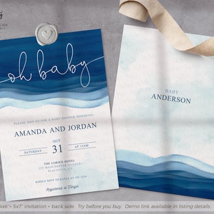 Watercolor Oh Baby Shower Invitation: Navy Blue, Editable Template (Digital Download)