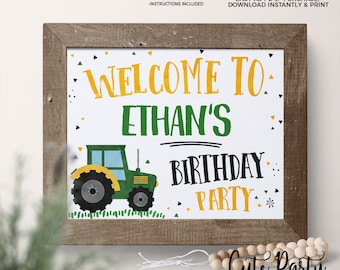 Puede incluir: Señal imprimible de 20,3 x 25,4 cm con un tractor verde, confeti amarillo y verde y el texto "Bienvenido a la fiesta de cumpleaños de Ethan".