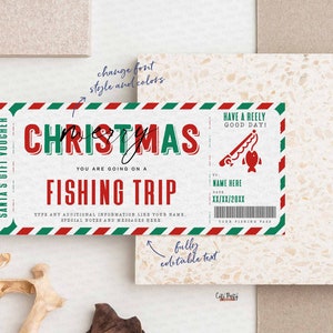 May include: A printable Christmas gift voucher for a fishing trip. The voucher is designed to look like a vintage airline ticket with red, green, and white stripes. The text reads "Merry Christmas, You are going on a Fishing Trip".