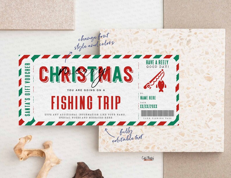May include: A printable Christmas gift voucher for a fishing trip. The voucher is designed to look like a vintage airline ticket with red, green, and white stripes. The text reads "Merry Christmas, You are going on a Fishing Trip".