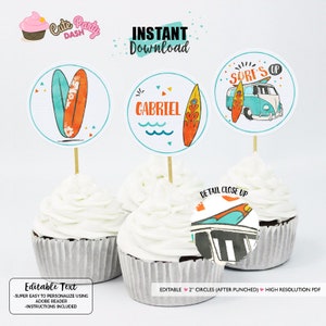 May include: Cupcakes with white icing, each with a round topper. The toppers display surfboards and a van, with the text "INSTANT Download", "Gabriel", and "Surf's Up". The text "Editable Text" is also visible on the image.