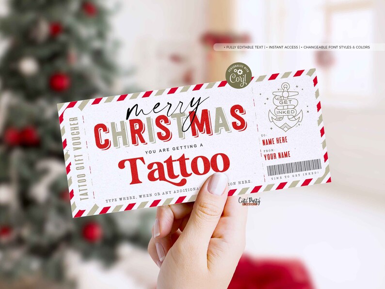 EDITABLE Christmas Tattoo Gift Voucher Template , Tattoo Gift idea, Printable Tattoo Gift Certificate, Birthday ticket INSTANT DOWNLOAD