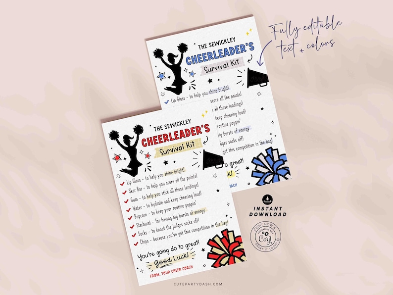 May include: Two printable cards with a cheerleader theme. The cards are white with red, blue, and black accents. The text on the cards reads "The Sewickley Cheerleader's Survival Kit". The cards list items such as lip gloss, a score bar, water, gum, popcorn, starburst, socks, and chips. The cards also include a megaphone and a cheerleader pom-pom.