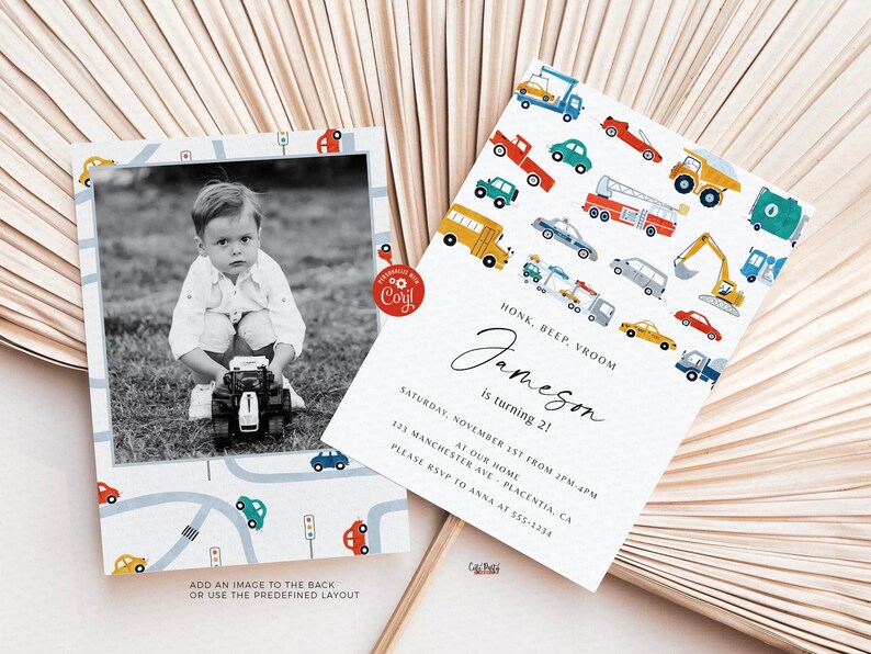 May include: A birthday invitation with a colorful car theme. The invitation features a photo of a young boy playing with a toy car. The text on the invitation reads "Honk, Beep, Vroom Jameson is turning 2!" and includes the date, time, and location of the party.