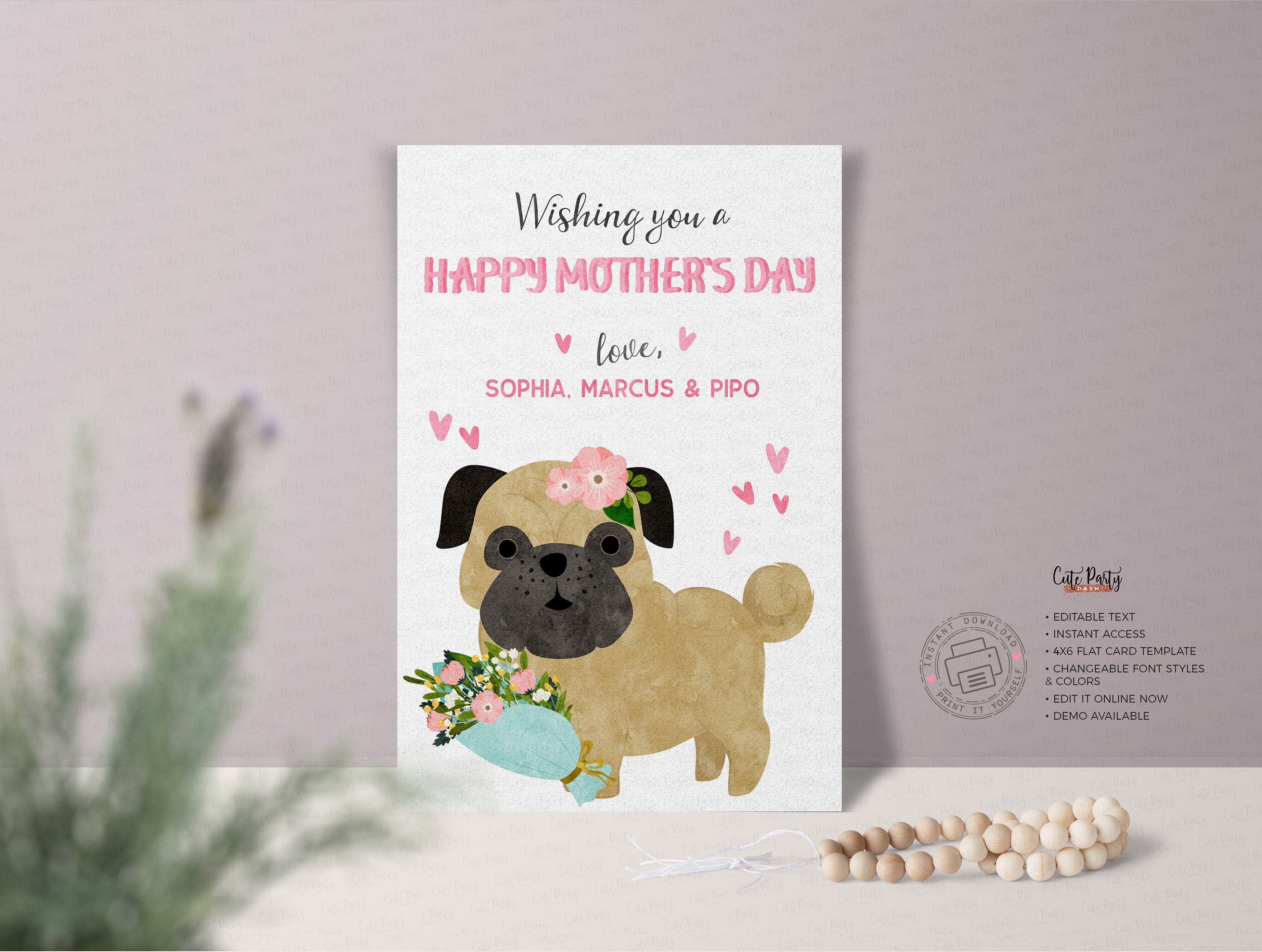 Pug Mother's Day Card: Editable Pet Mom Gift (instant Download)
