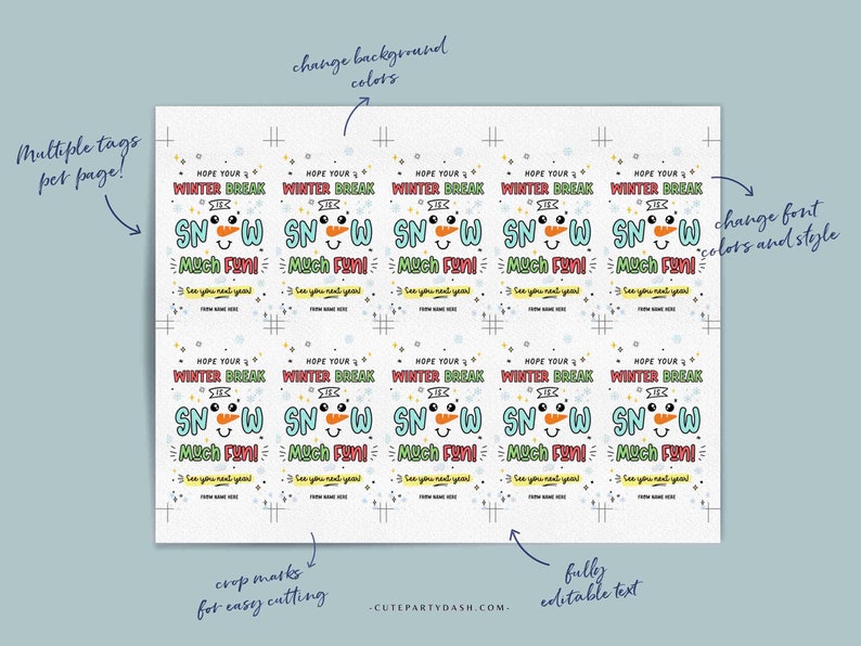 editable School's Out Winter Break Christmas Gift Tag Printable INSTANT DOWNLOAD snow much fun Teacher Holiday Gift School Merry Christmas
