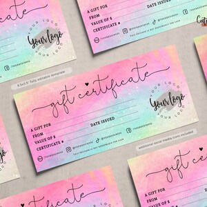 May include: A pink and blue watercolor gift certificate template with a customizable logo space. The text "gift certificate" is written in a cursive font. The template includes space for the recipient's name, the value of the certificate, and the date issued.