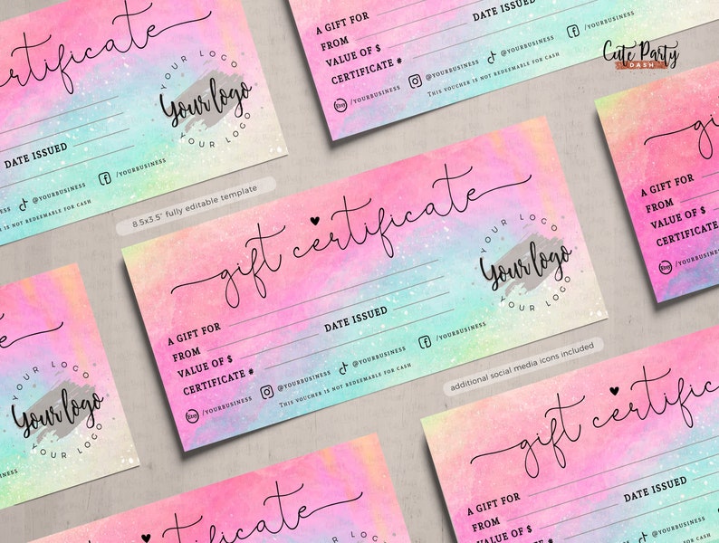 May include: A pink and blue watercolor gift certificate template with a customizable logo space. The text "gift certificate" is written in a cursive font. The template includes space for the recipient's name, the value of the certificate, and the date issued.