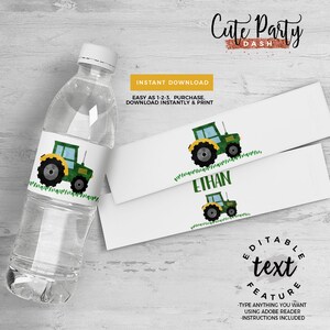 May include: Printable water bottle labels featuring a green tractor with a yellow cab and black wheels. The labels are editable and include the text "Cute Party Dash" and "Ethan".