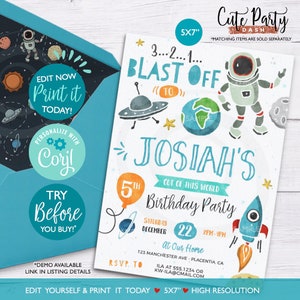 May include: A 5x7 inch printable invitation for a 5th birthday party with a space theme. The invitation features a cartoon astronaut, a rocket ship, a planet, and a UFO. The text on the invitation reads "Blast Off! Josiah's 5th Birthday Party, Cut of this World".