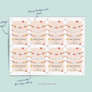 May include: Printable sheet of eight Thanksgiving gift tags featuring a garland of autumn leaves and the text "In My Thankful Era". Each tag has a space for a name and the text "Happy Thanksgiving from [Name]".