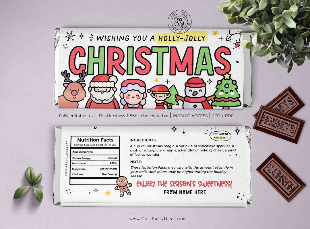 Christmas Gift Chocolate Bar Wrapper Template Printable INSTANT ...