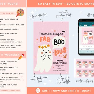 May include: Pink Halloween-themed digital template with a cute ghost illustration and the text "FAB BOO LOUS". The design includes editable text and graphics, and is printable at home or a local shop. The template is designed to be edited on a phone or computer.