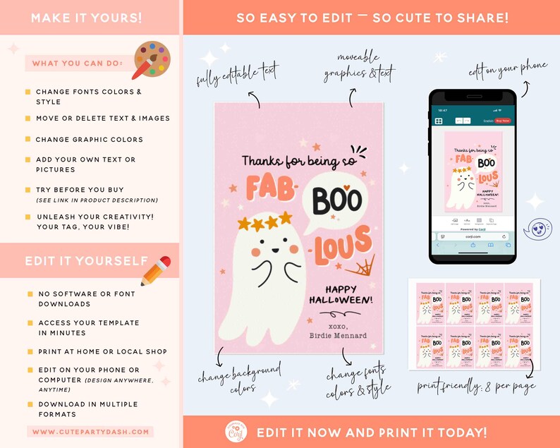 May include: Pink Halloween-themed digital template with a cute ghost illustration and the text "FAB BOO LOUS". The design includes editable text and graphics, and is printable at home or a local shop. The template is designed to be edited on a phone or computer.