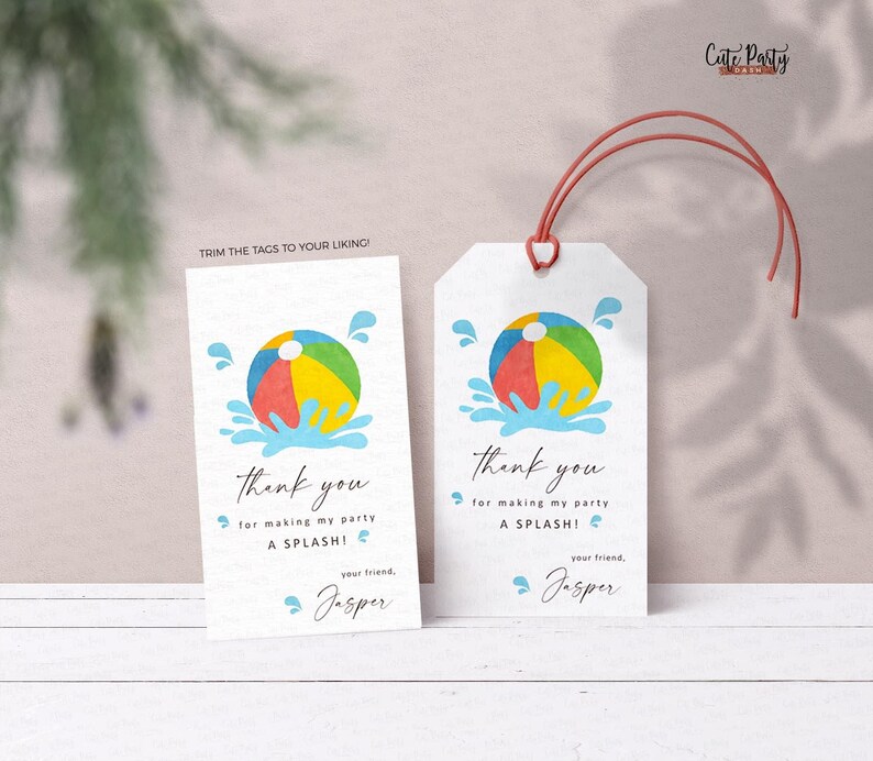 May include: White gift tags featuring a beach ball design in vibrant colours, with the text "thank you for making my party a splash!" and the name "Jasper". The tags have a red string and the text "Trim the tags to your liking!"