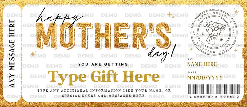 Mother's Day Gift Voucher, Surprise Gift for Mom Certificate Template, Experience Ticket Editable Golden Gift Ticket Coupon INSTANT DOWNLOAD