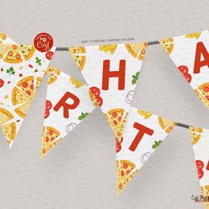 May include: A white and red banner with a pizza theme. The banner says "Happy Birthday" in red letters. The banner is decorated with pizza slices, pepperoni, and other pizza toppings.