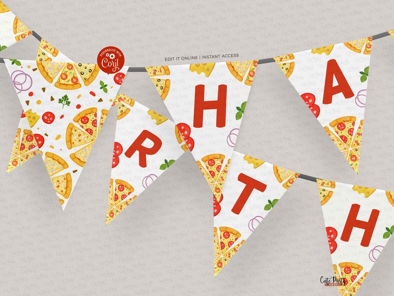 May include: A white and red banner with a pizza theme. The banner says "Happy Birthday" in red letters. The banner is decorated with pizza slices, pepperoni, and other pizza toppings.
