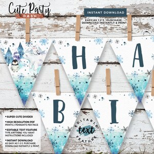 May include: A printable banner with a winter theme. The banner features blue and white watercolor snowflakes, a polar bear, a penguin, and the letters "HI" and "BI" in a dark blue font. The text "Editable Text Feature" is also included.