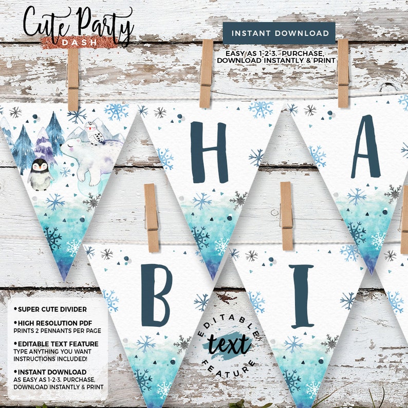 May include: A printable banner with a winter theme. The banner features blue and white watercolor snowflakes, a polar bear, a penguin, and the letters "HI" and "BI" in a dark blue font. The text "Editable Text Feature" is also included.