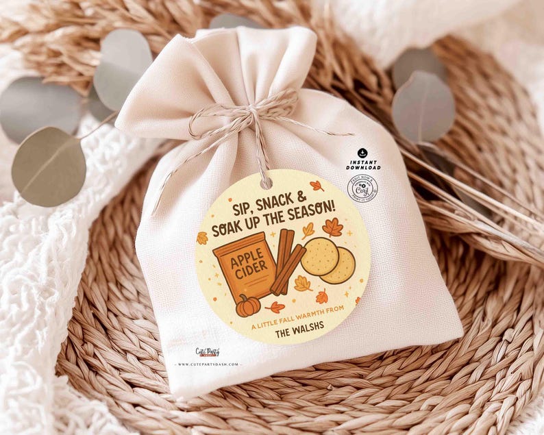 Fall Apple Cider Gift Tags Printable: Editable Treat Bag sticker (Digital Download) image 1