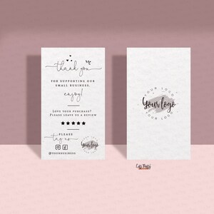 May include: Thank you card with a handwritten message, stars for rating, and social media icons. The card also includes the text "Your logo" in a circle with a gray watercolor background.