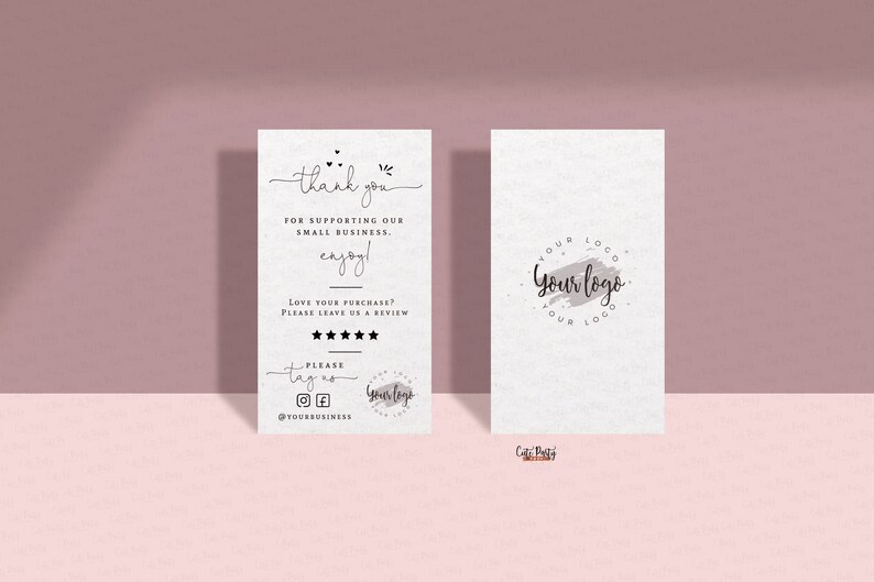 May include: Thank you card with a handwritten message, stars for rating, and social media icons. The card also includes the text "Your logo" in a circle with a gray watercolor background.