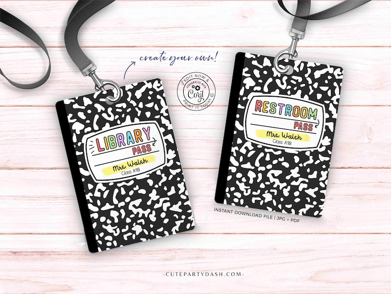 May include: Two printable school pass designs with a black and white notebook paper pattern. The text on the passes reads "Library Pass" and "Restroom Pass".