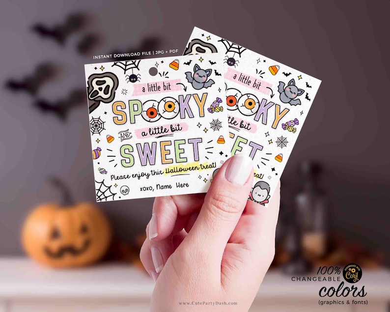 May include: A printable Halloween treat tag with a white background and colorful cartoon graphics. The text reads "A little bit spooky and a little bit sweet".