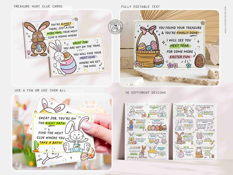Indoor Easter Egg Hunt Printable Bundle INSTANT DOWNLOAD Editable Easter Scavenger Hunt Game for Kids Activity Treasure Hunt Clues Bunny