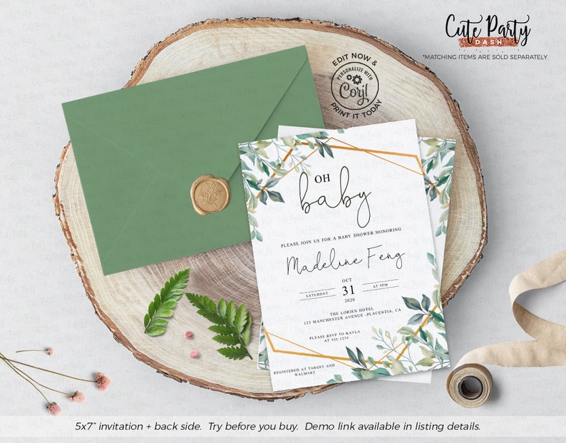 May include: A green envelope with a wax seal sits on a wooden surface next to a white baby shower invitation with gold geometric shapes and green foliage. The invitation reads "Oh baby" and "Madeline Feng".