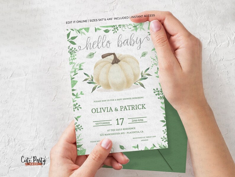 May include: A printable baby shower invitation with a watercolor illustration of a white pumpkin and green leaves. The text reads "hello baby" and includes the names Olivia & Patrick, the date September 17, and the time 2pm-4pm.