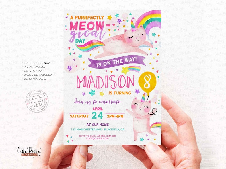 INSTANT DOWNLOAD, Caticorn Birthday Party invitation, Cat unicorn rainbow Birthday, corjl invitation girl Printable EDITABLE Caticorn #496