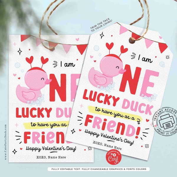 One Lucky Duck Valentine's Day Gift Tag Printable INSTANT DOWNLOAD Kids Classroom Rubber Duck Valentines Day Treat Exchange Teacher Gift