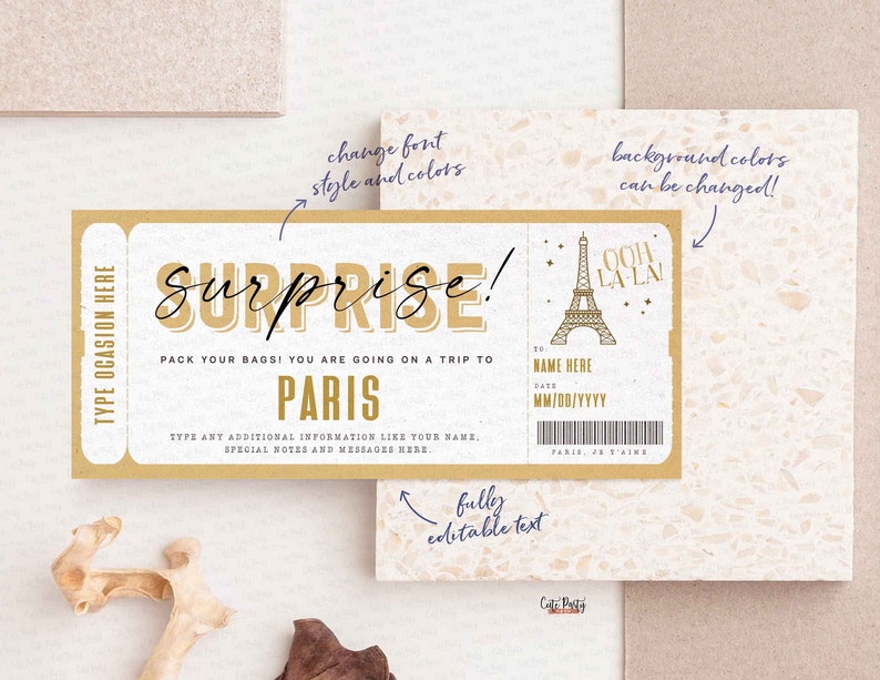Surprise Trip to Paris Gift ticket Template, Editable Travel ticket, Birthday Paris France Vacation Boarding Pass Trip INSTANT DOWNLOAD