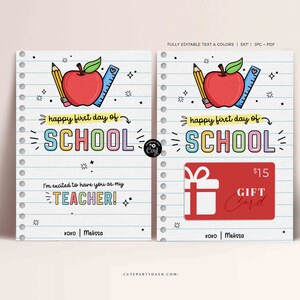 May include: A printable gift card with a school theme. The card features a red apple, pencil, ruler, and the text "Happy first day of school". The card also includes a gift card template with the text "$15 Gift Card".