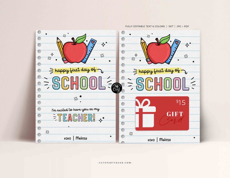 May include: A printable gift card with a school theme. The card features a red apple, pencil, ruler, and the text "Happy first day of school". The card also includes a gift card template with the text "$15 Gift Card".