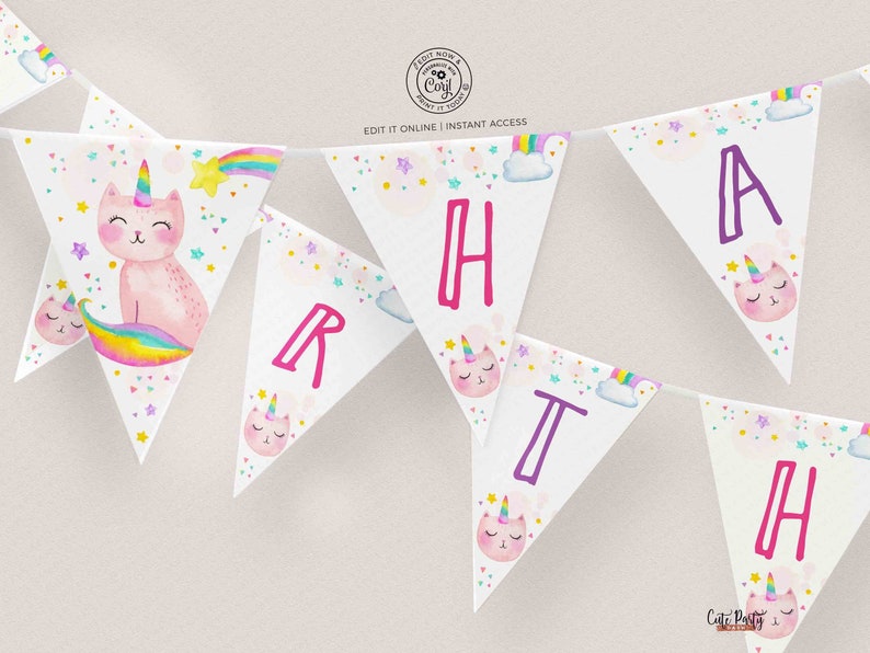 May include: A white banner with pink, purple and rainbow accents. The banner says "Happy" with a unicorn cat illustration on each flag.