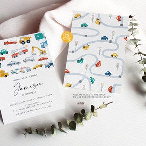 May include: A printable invitation for a 21st birthday party with a car theme. The invitation features a colorful illustration of various cars, trucks, and construction vehicles. The text on the invitation reads "Honk, Beep, Vroom Jameson is turning 21." The back of the invitation has a pattern of cars driving on a road with traffic lights.
