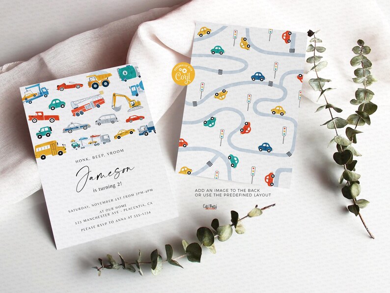 May include: A printable invitation for a 21st birthday party with a car theme. The invitation features a colorful illustration of various cars, trucks, and construction vehicles. The text on the invitation reads "Honk, Beep, Vroom Jameson is turning 21." The back of the invitation has a pattern of cars driving on a road with traffic lights.