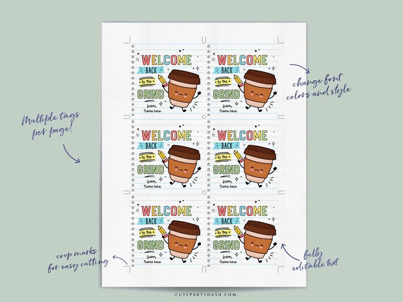 Welcome Back to the Grind First Day of school Teacher Tag Editable Back to School Printable Coffee Gift for Teacher Cookie INSTANT DOWNLOAD