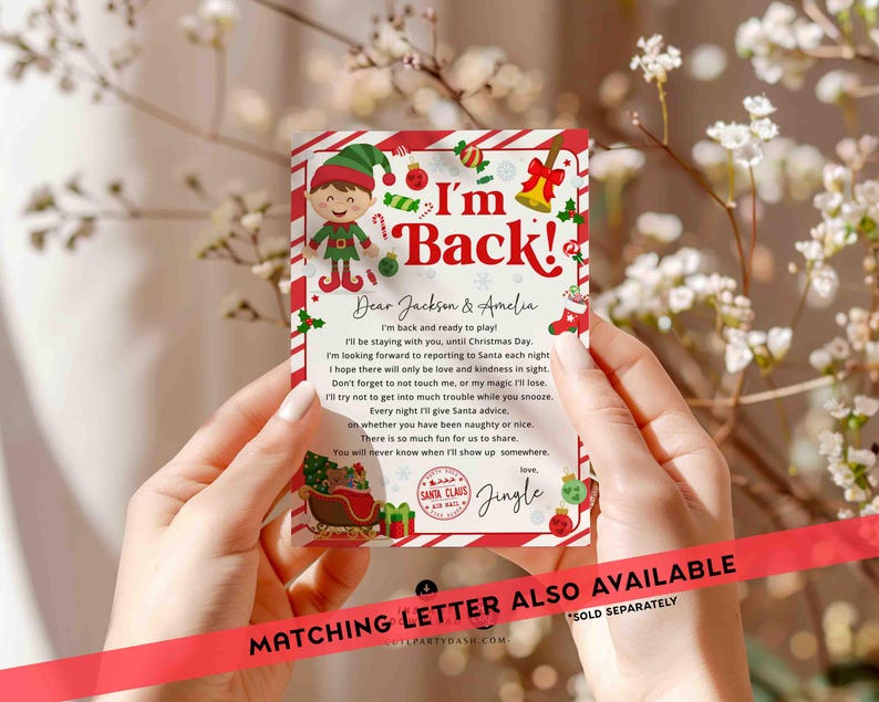 May include: A red and white striped card with a cartoon elf and the text "I'm Back!"  The card has a message for Jackson and Amelia, saying the elf will be staying with them until Christmas Day.  The card also has a Santa Claus stamp and the word "Jingle".
